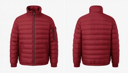 Blank template red down jacket with zipped, front and back view isolated on white background. Mockup winter sport jacket for your design