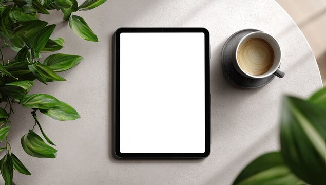 A tablet computer with a blank screen sits on a light-colored table beside a cup of coffee and greenery. Sunlight casts shadows