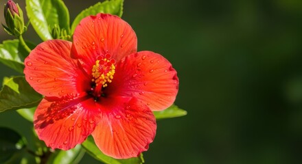 Vibrant red hibiscus flower with water droplets against blurred dark backdrop