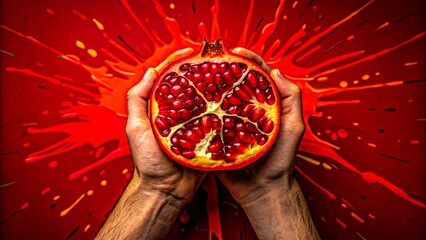 Fresh pomegranate in hands with dramatic red splash on background

