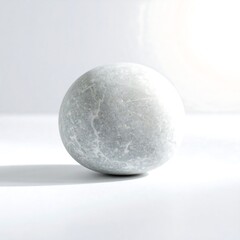 A smooth, round grey stone or pebble on a clean white background with soft shadows, symbolizing peace and tranquility.