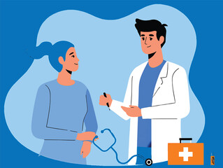 Male doctor providing medical consultation to a female patient, vector illustration concept.
