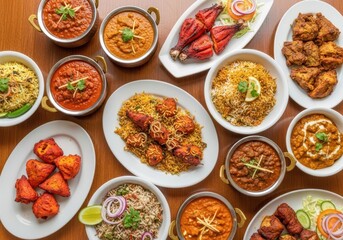 A diverse spread of indian dishes including various curries, biryani, tandoori chicken, and naan bread on a wooden table