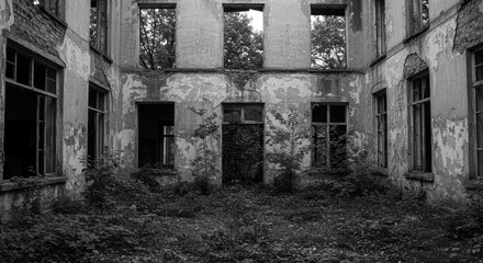 A desolate abandoned building looms in ghostly silence