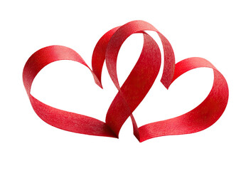 Two intertwined, red ribbon hearts against black