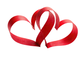 Two intertwined, red ribbon hearts against black