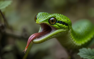 Fototapeta premium Green Pit Viper Striking with Tongue Out in Natural Habitat Close Up