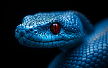 Fototapeta premium Close Up View of Blue Snake with Orange Eyes and Tongu