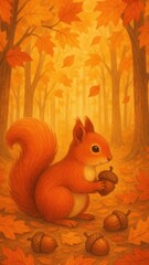 Whimsical squirrel amidst autumn leaves.