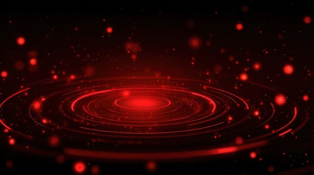Abstract red background with glowing circular rings and dots, evoking a futuristic technology or gaming atmosphere. Black solid backdrop. - Powered by Adobe