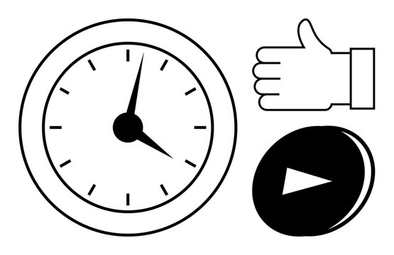 Clock with clock hands, thumbs up icon, and play button symbolizing time management, efficiency, and positivity. Ideal for productivity, workflow, success, approval progress efficiency simple