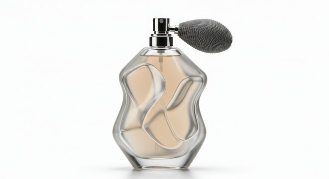 An artistic abstract rendition of a perfume bottle with fluid, unconventional shapes