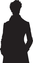 The image is a black silhouette of a person, seemingly a male, with curly hair, wearing a coat, standing with hands in pockets against a white background.