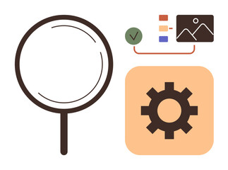 Magnifying glass and gear beside visual elements thumbs up a chart and image, symbolizing data exploration, process efficiency, problem-solving, and research. Ideal for technology, analysis