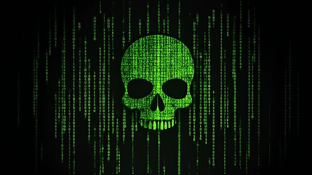 Digital skull with binary code background