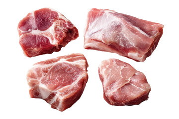 Fototapeta premium Fresh cuts of pork on a white background ready for preparation and cooking at a modern kitchen setting