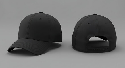 Realistic 3D render of a blank black baseball cap. Front and back view for apparel design mockup and branding presentation.