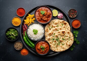 Overhead view of a traditional indian meal featuring chicken curry, rice, naan bread, and various side dishes, presented on a dark slate