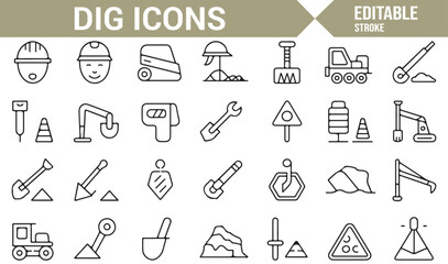 Icons for Construction Machinery, Digging Tools, and Worker Safety for Industrial Use