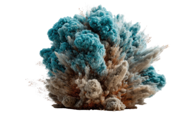Exploding cloud of vibrant teal and tan colored powder