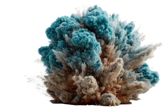 Exploding cloud of vibrant teal and tan colored powder
