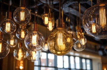 A cluster of warm-toned, glass Edison-style bulbs hang from a dark ceiling, casting a soft glow.  The background is blurred, showing a window