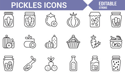 Pickles and Preserved Vegetables Icons Set for Food Packaging, Storage, and Preservation