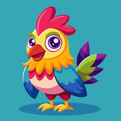 Colorful cartoon rooster with big eyes and vibrant feathers