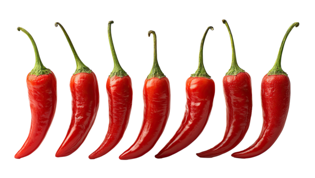 Seven vibrant red chili peppers in a horizontal row, arranged evenly