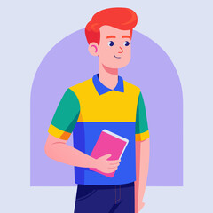 Young man with red hair holding a pink book