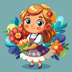 Cute cartoon girl holding a bouquet of flowers surrounded by foliage