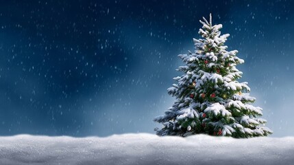 Fototapeta premium Christmas tree is standing in the snow. The sky is blue and the snow is falling. Concept of warmth and holiday cheer