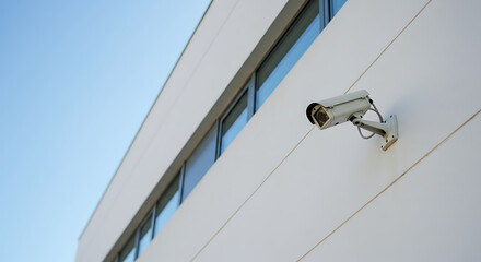 Security camera mounted on a modern white building with a blue sky background providing surveillance.