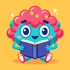 Cute cartoon brain character reading a book