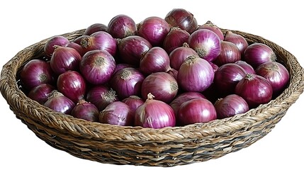 Obraz premium Purple onions in a woven basket.