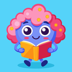 Cute blue character with pink hair reads a book