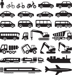 set of transportation silhouettes including person bicycles cars buses trucks trains ship and airplane vector