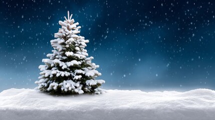Fototapeta premium Snow covered pine tree stands in the snow. The sky is dark and the snow is falling. Concept of calm and peacefulness, as the tree stands alone in the snow, untouched by the hustle