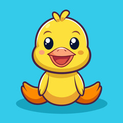 Cute cartoon yellow duckling sitting and smiling on a blue background