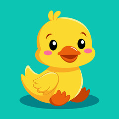 Adorable cartoon yellow duckling sitting on a teal background