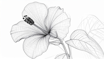 Intricate black and white illustration of a hibiscus flower, showcasing detailed lines and shading.