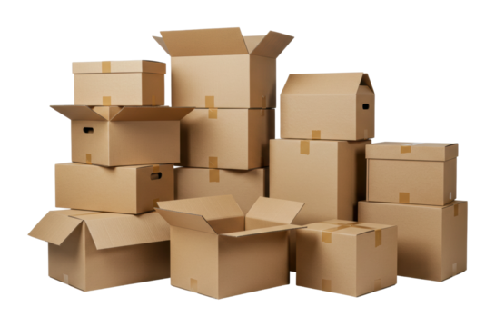 Stack of cardboard boxes with open lids. Cut out PNG