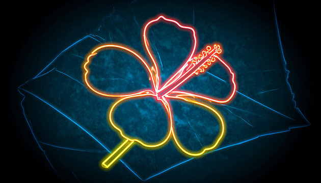 Neon hibiscus flower with a long stem and stamen, on a leaf, glowing in the dark.