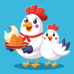 Happy chickens with eggs and a hen