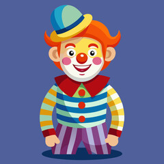 Happy clown character with colorful outfit and hat