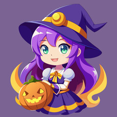 Cute anime witch holding a jack o lantern