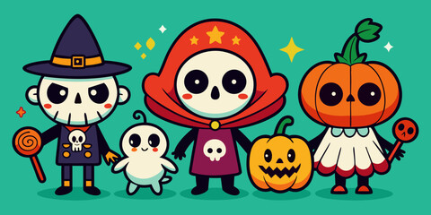 Cute halloween characters with pumpkins and candy