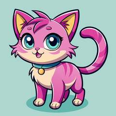 Cute pink cartoon cat with big blue eyes and collar