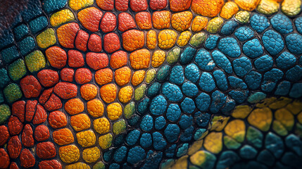 Background of textured lizard skin patterns with bright colors, space for text.