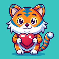 Cute cartoon tiger holding a red heart with love